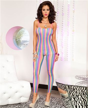 L1379 Opaque Footless Rainbow Stripes Bodystocking