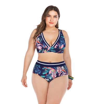 P6667 Dark Blue Leaf High Waist Swimsuit