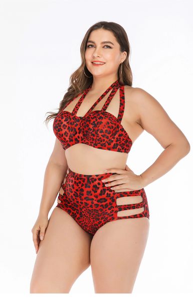 P6655 Red Leopard Print High Waist Swimsuit
