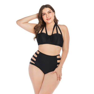 P6654 Black High Waist Halter Tie Top Swimsuit