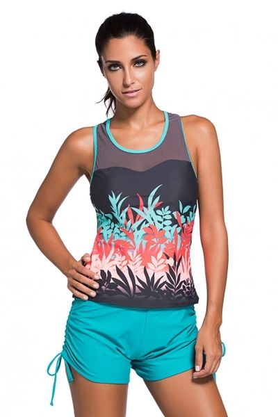 S9704 Colored Botanic Print Mesh Splice Tankini Top Only