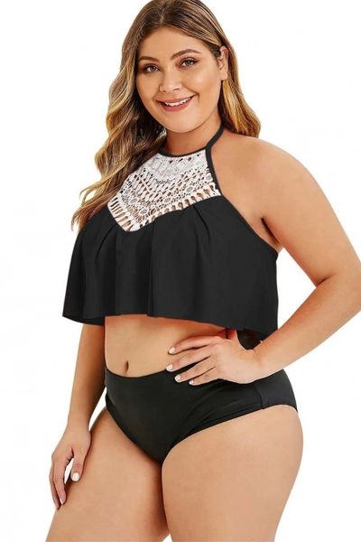 S6832 Black Halter Crochet Panel Overlay Tankini Set