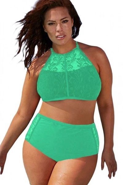 P919 Green Patterned Mesh Insert Swimsuit