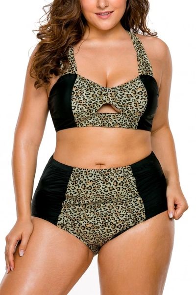 P211 Grey Leopard Splice High Waist Swimsuit