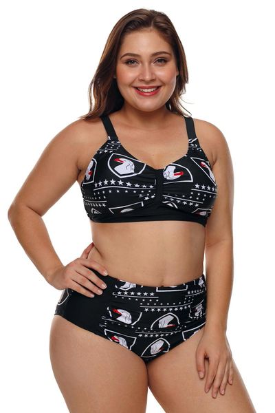 S726 Eagles and Stars Black High Waist Swimsuit