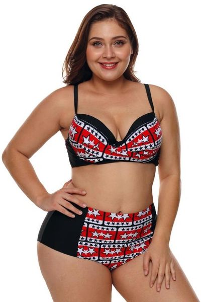 S731 Black White Stars Print High Waist Swimsuit