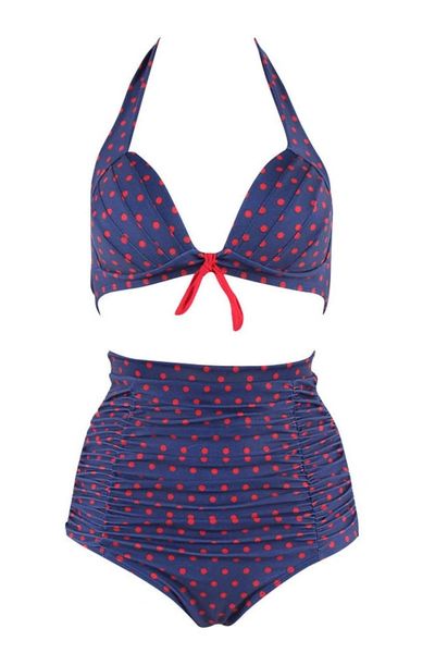 H166 Navy Blue Red Poka Dot Padded High Waisted Bikini | Double A Pleasure