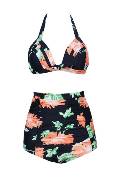H688 Vibrant Floral High Waisted Ruched Swimsuit