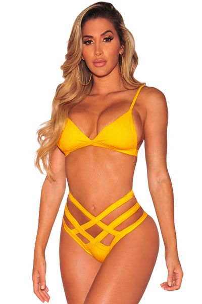 L546 Yellow Strappy Caged High Waist Bikini Swimsuit
