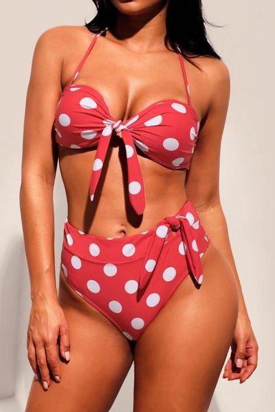 L644 Red White Polka Dot Print Bow Tie Halter Bikini Set