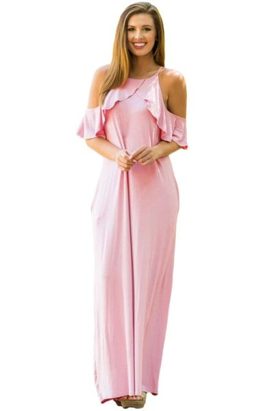 D9010P Pink Ruffle Sleeve Cold Shoulder Maxi