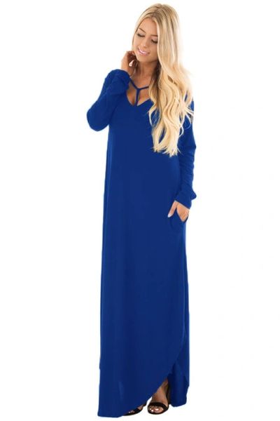 D655 Blue Y Strap Neckline Relaxed Long Dress