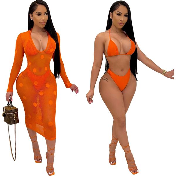 S5190 Orange Three Piece Bikini Set