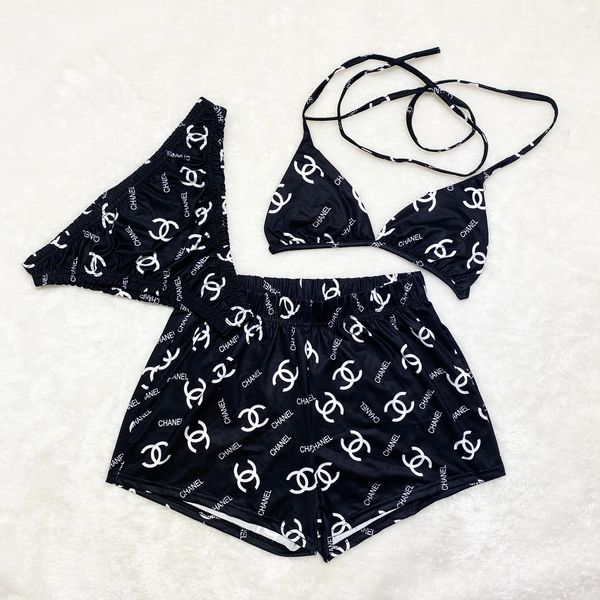 DN485 Black Chanel Influenced 3PC Swimwear/Lounge Set