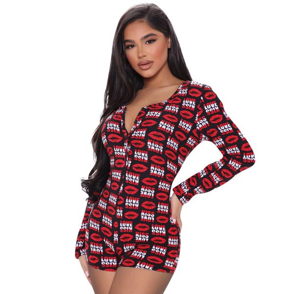 KE084 Lips Red Short Long Sleeve Onesie