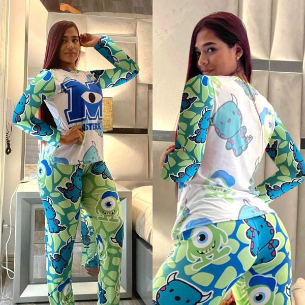 D984 Blue/Green Cartoon Character Inspired Printed Pajama Set