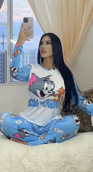 D985 White/Blue Cat Cartoon Character Inspired Printed Pajama Set