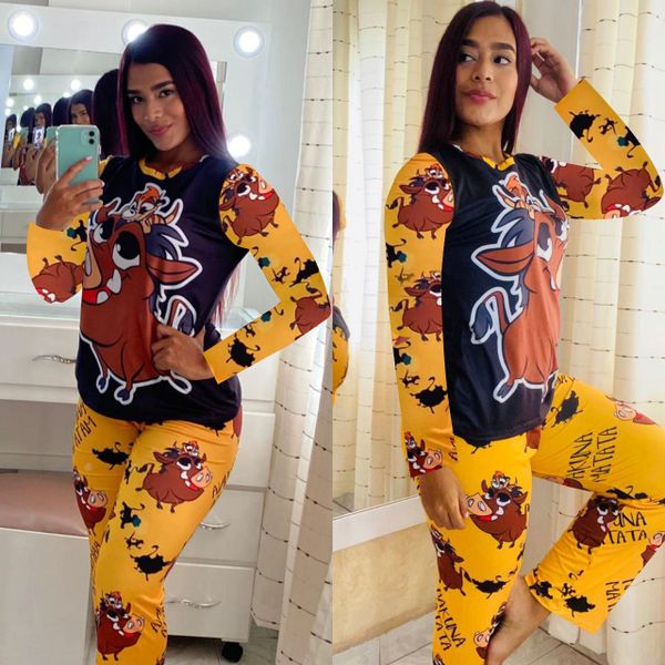 D982 Yellow Hog Cartoon Character Inspired Printed Pajama Set