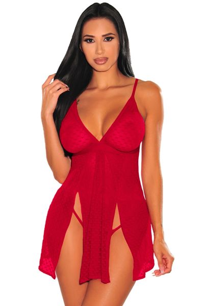 L703 Red Heart Mesh Cut-Out Babydoll