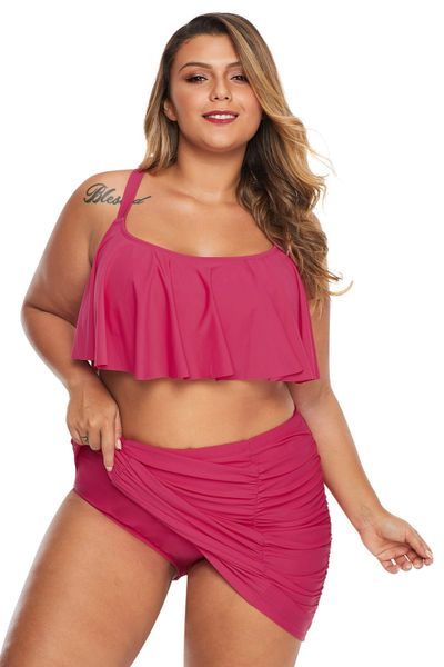 S355 Red Strappy Ruffle Plus Size Two Piece Swimwear