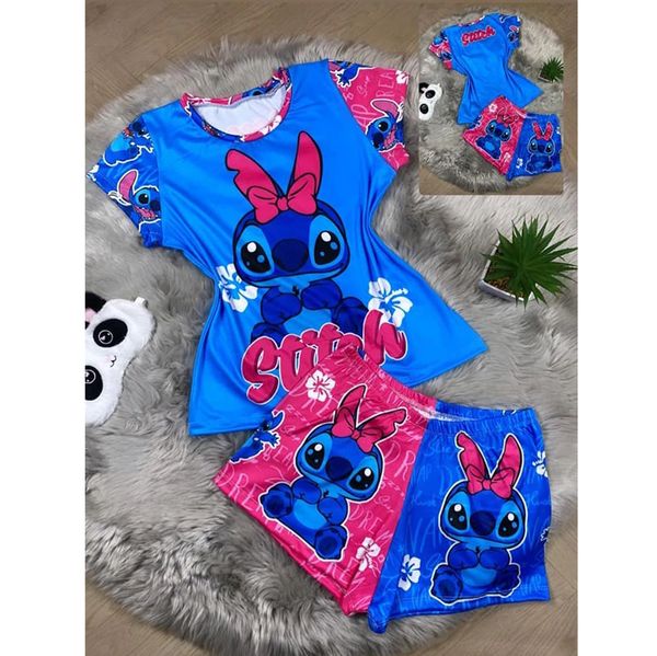 5T04 Pink Blue Stitch Inspired Two Piece Pajama Set