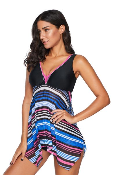 S105 Blue V Neck Striped Asymmetrical Hem Tankini Swimsuit