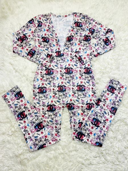 D943 Multi Logo Printed Long Adult Onesie