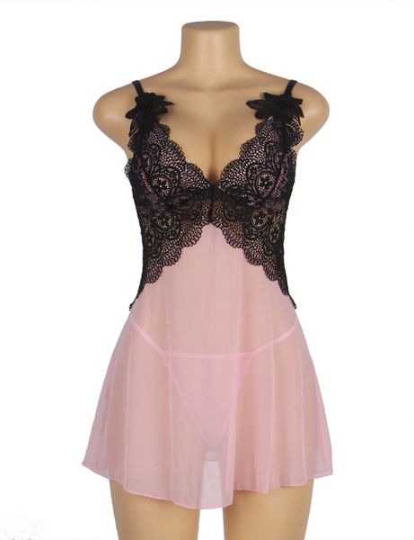 R302 V-Neck Pink Lace Stitching Strap Babydoll