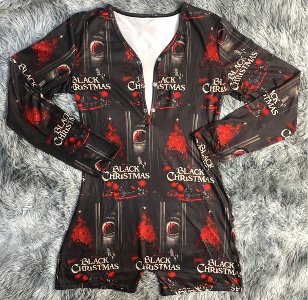 T130 Black Christmas Inspired Women One Piece Long Sleeve Pajama