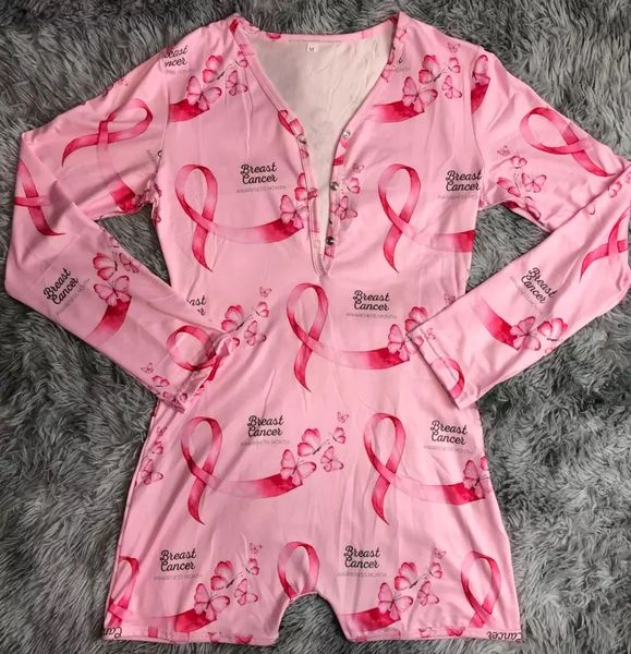 T133 Pink Breast Cancer Awareness Long Sleeve One Piece Pajama