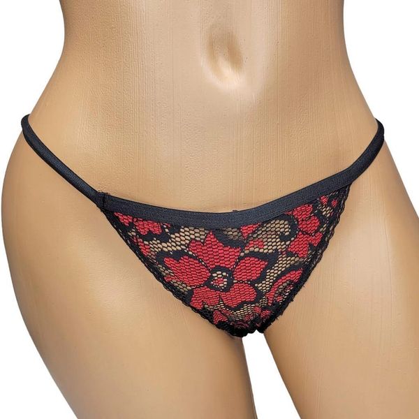 20018 Black/Red Fishnet Lace Thong Panty Floral Scalloped Trim Elastic Waistband