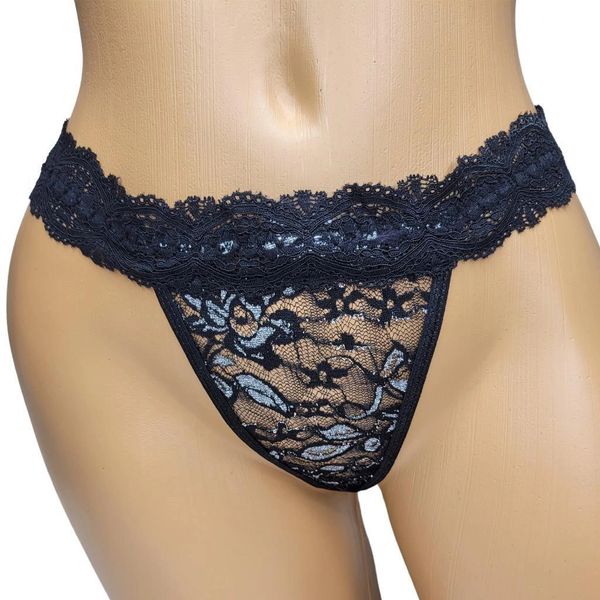 20015 Black/Silver Metallic Lace G-String Panty Scalloped Trim Elastic Waistband