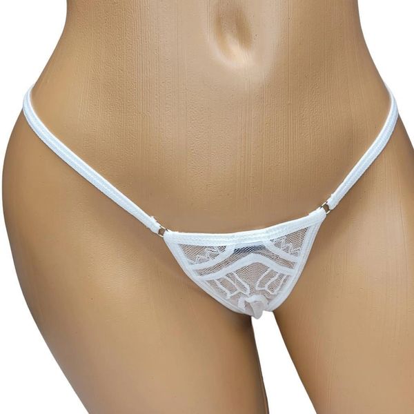 20016 White Lace Thong Panty Strappy Cage Style Open Back Bottomless O Rings