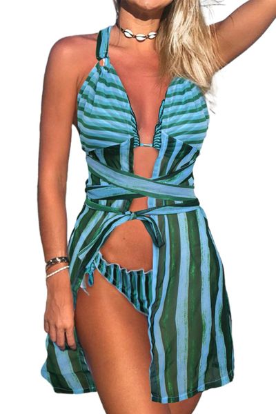 SW105 Blue Stripe Print 3pcs Swimsuit with Cover Up