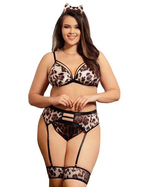 LR99 Leopard Print Sexy Head Wear Garter Bra Set