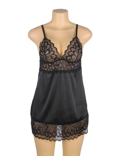LR671 Black Lace Floral Back Closure with Hook and Eye Sexy Babydoll