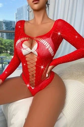 MS908 Mesh Hollow Out Rhinestone Bodysuit