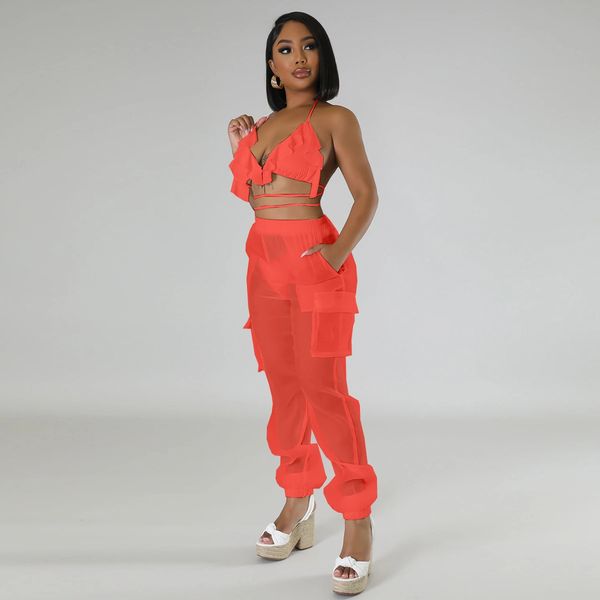 KC459 Coral Bikini Swimwear Chiffon Pocket Pants Set 3-piece