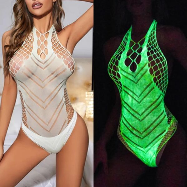 LU403 Luminous Fishnet Hollow-out Bodysuit O/S