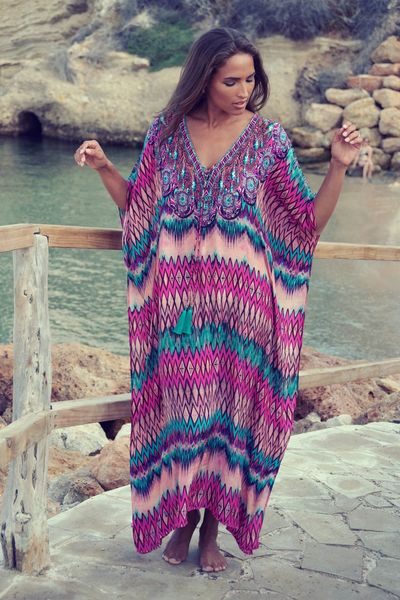CH530 Mauve Aztec Printed Sunscreen Beach Cover Up Dress O/A