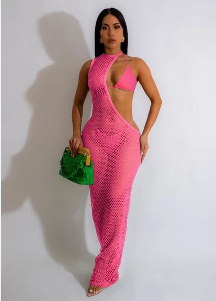 ST96 Pink Crochet Bikini Cover Up Three Piece Set