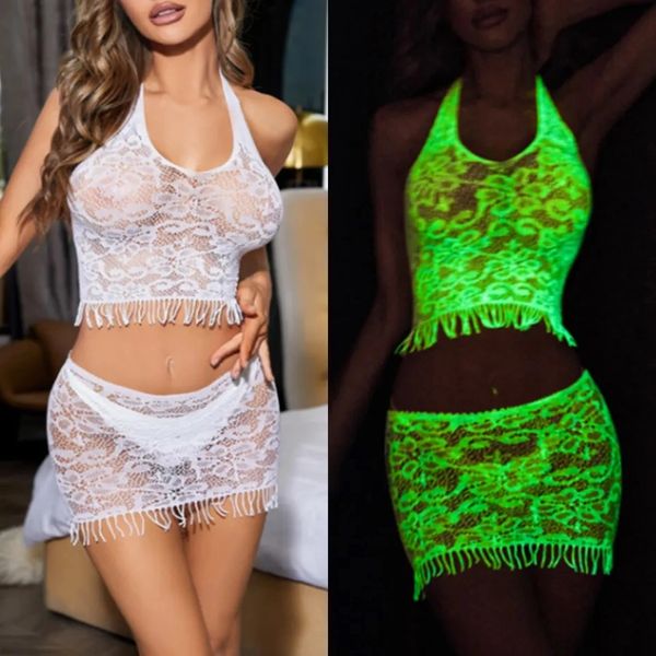 LU413 Luminous Two Piece Fringed Fishnet Set O/S