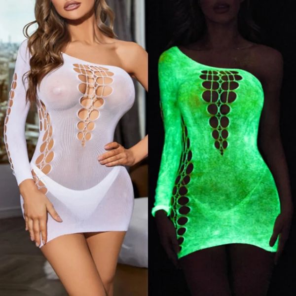 LU406 Luminous Long Sleeve Cold Shoulder Fishnet Chemise O/S