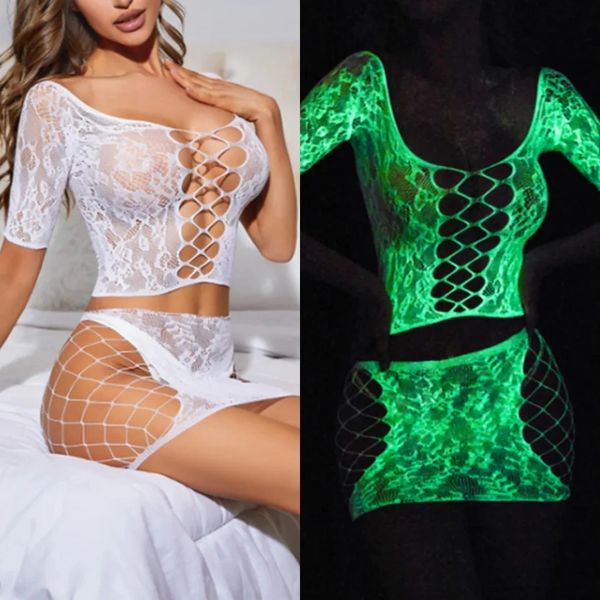 LU404 Luminous Two Piece Hollow-out Fishnet Set O/S