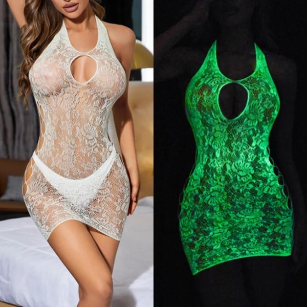 LU401 Luminous Fishnet Halter Neck Floral Design Chemise O/S