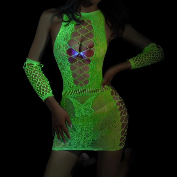 LU130 Luminous Fishnet Hollow-out Chemise with Gloves O/S