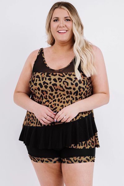 SL382 Leopard Splicing Ruffle Plus Size Tankini