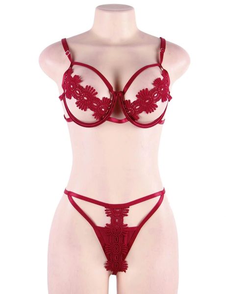 RP943 Red Delicate Flowers Lace Hollow Out Bra Set With Underwire