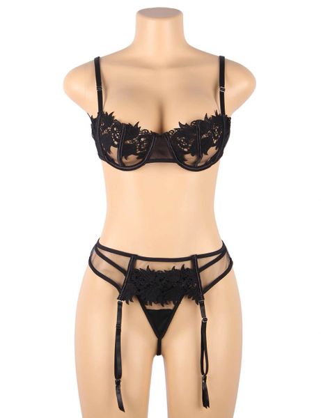 PR894 Black 3pcs Elegant Embroidery Applique Lace Bra Panty Set