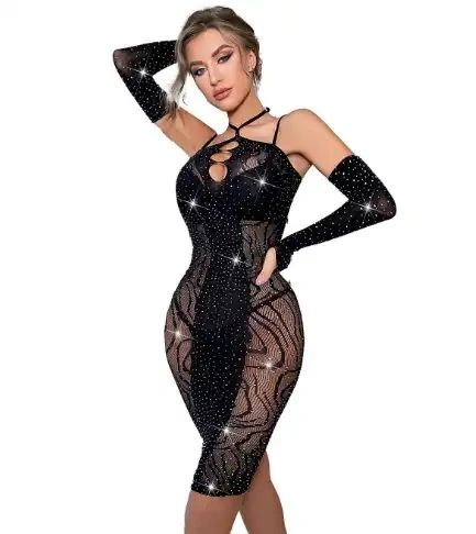 Q1256 Black Rhinestone Opaque Mesh Chemise w/Gloves